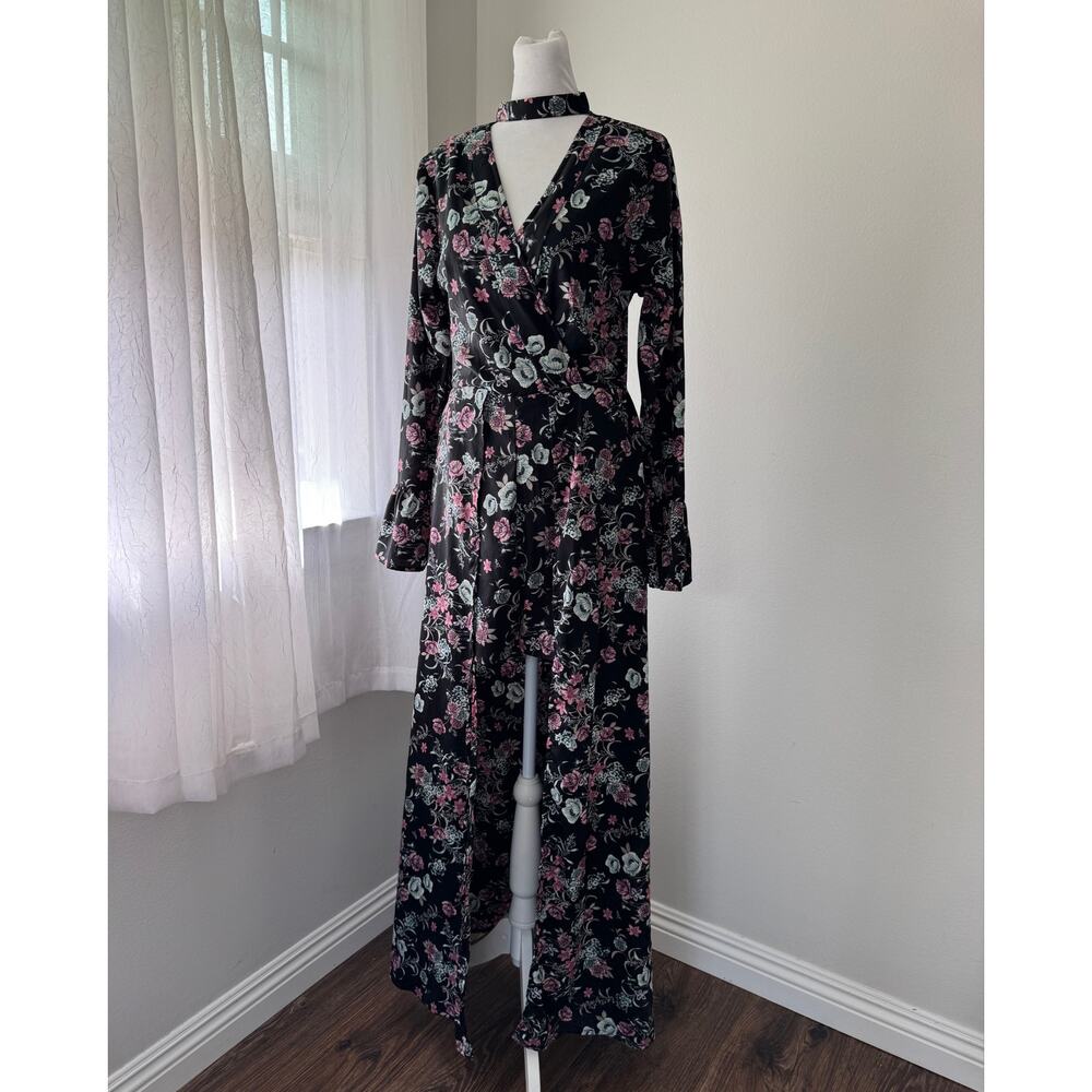 Love at First Sight Black Floral Print High Low Long Sleeve Jumpsuit